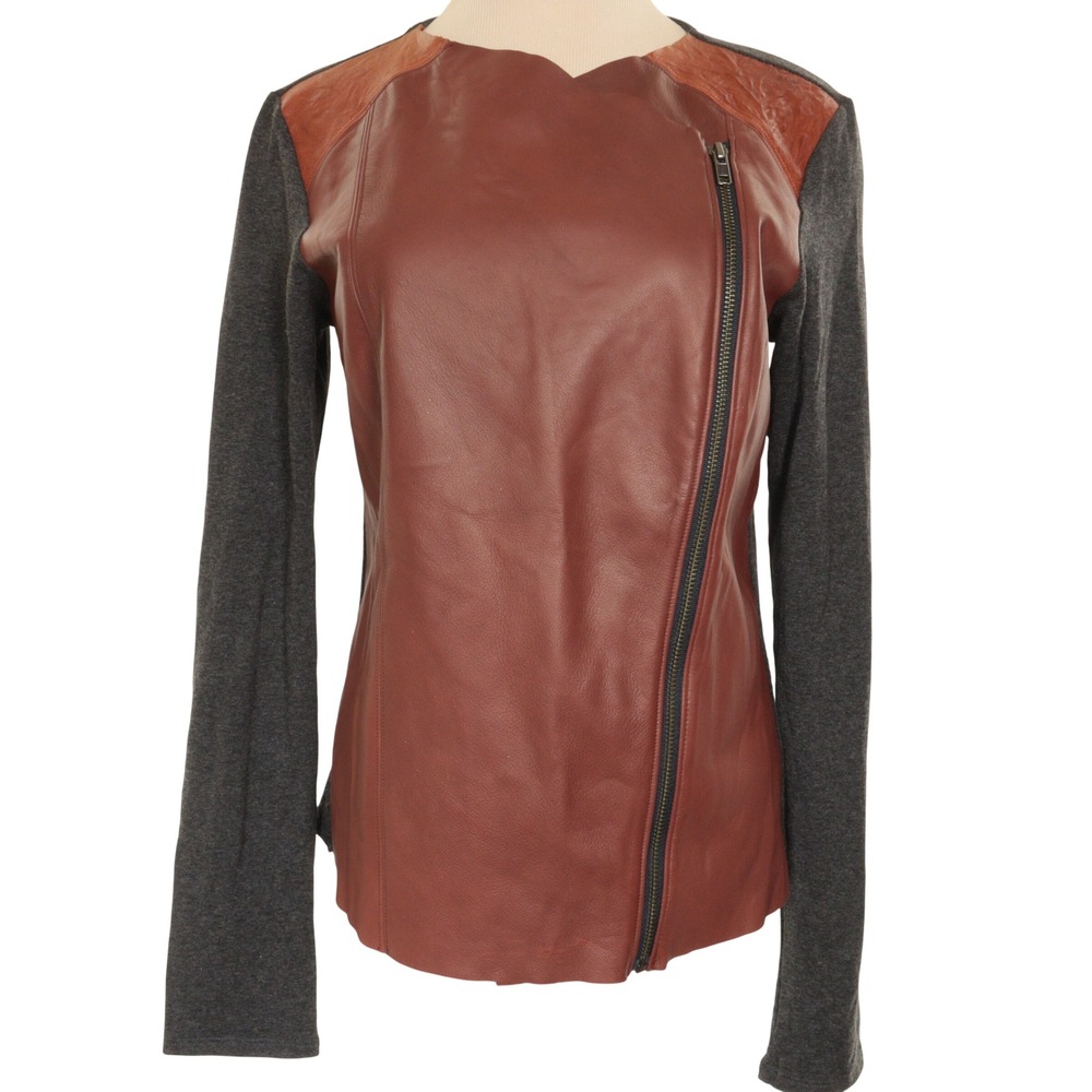 Michael Stars Moto Leather Jacket Long Sleeve Top Women M Mixed Media Brown Grey